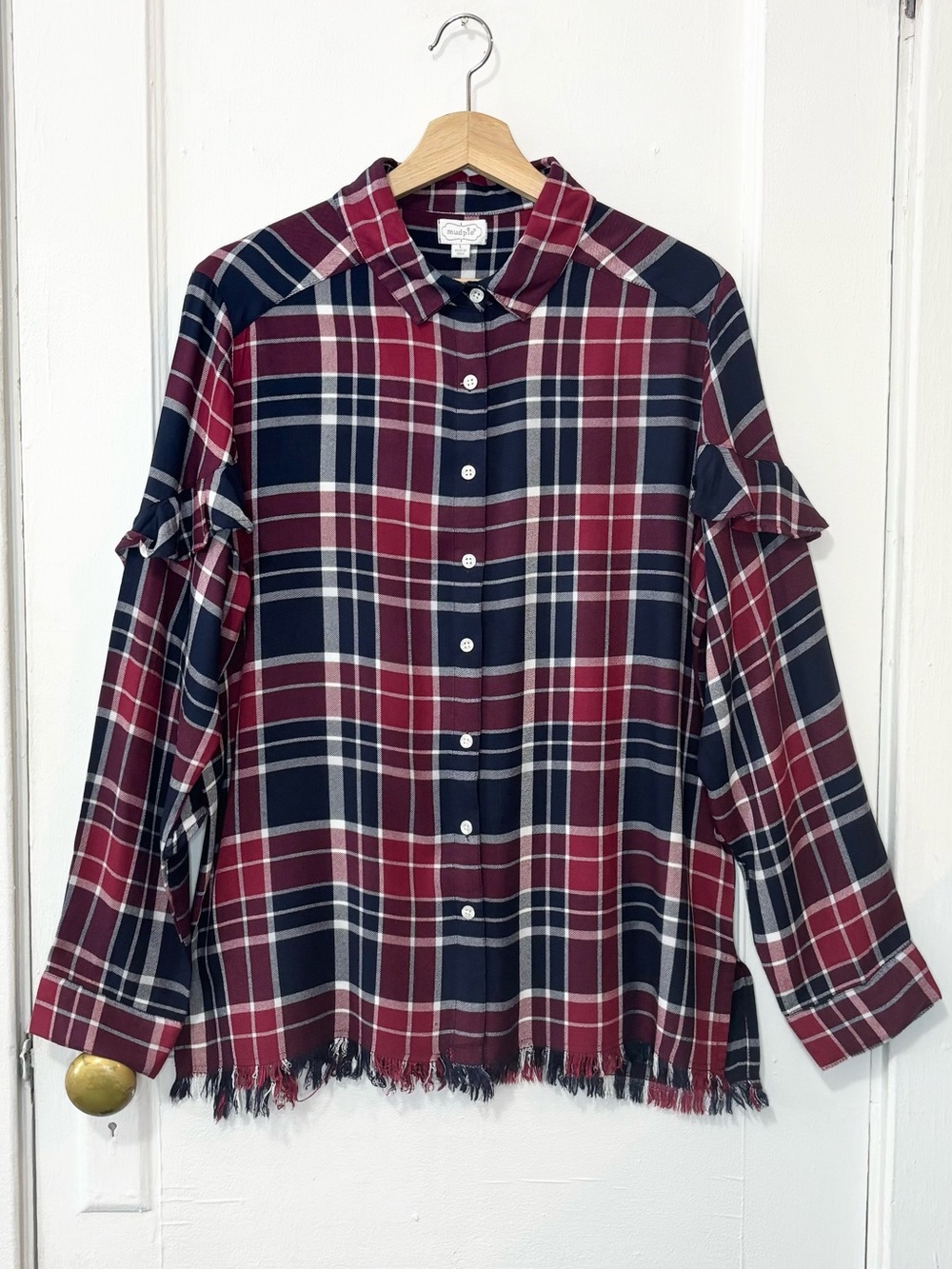 Mud Pie Women's Navy/Red/Burgundy Plaid Ruffle Sleeve Raw Hem Button-Up Shirt, L